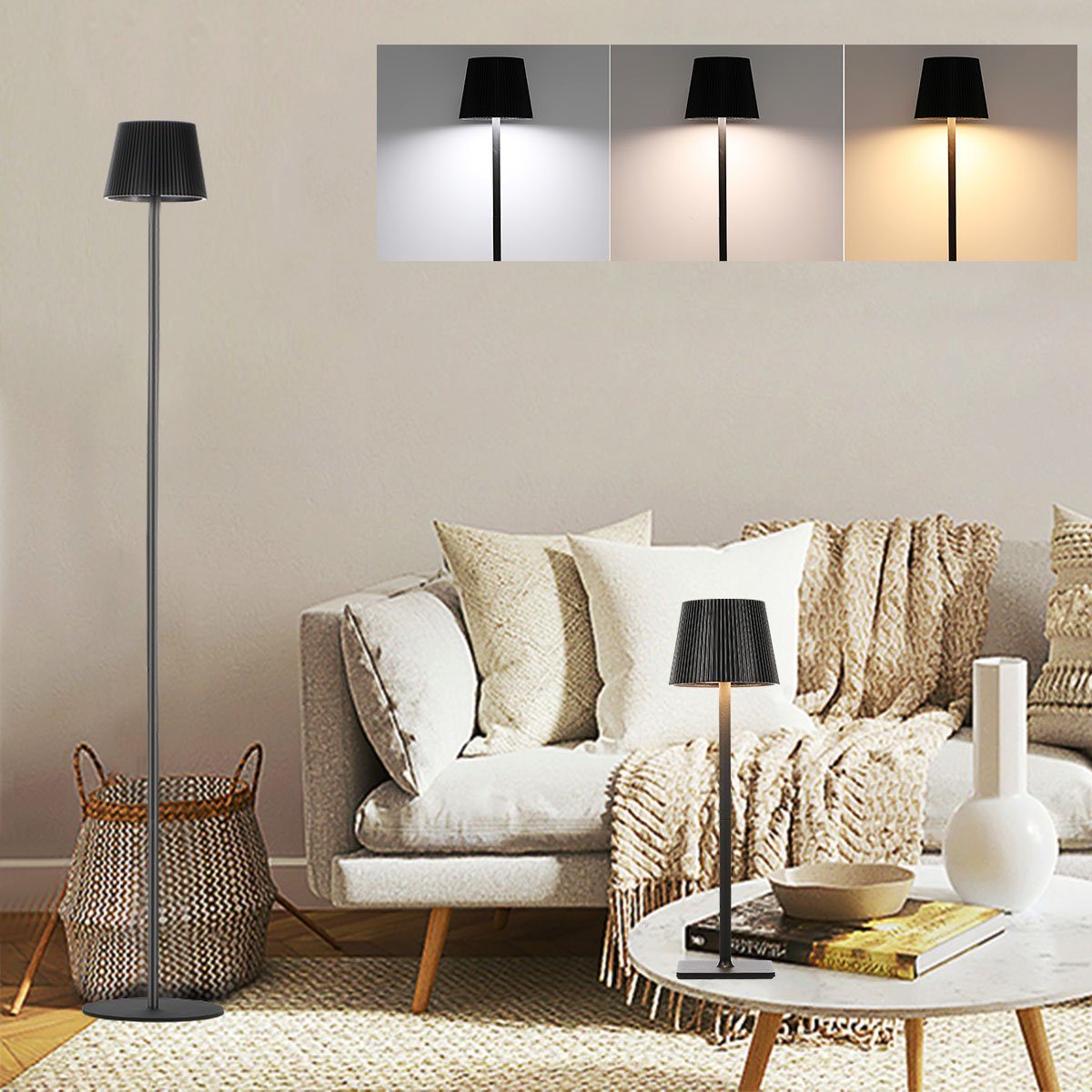 YAVA Kabellose LED Stehleuchte - Höhenverstellbar 50-130cm, IP54 Wetterfest